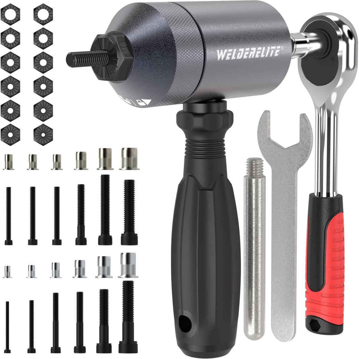 Gray rivet nut drill adapter tool with mandrel, hex bit, and included fastener parts