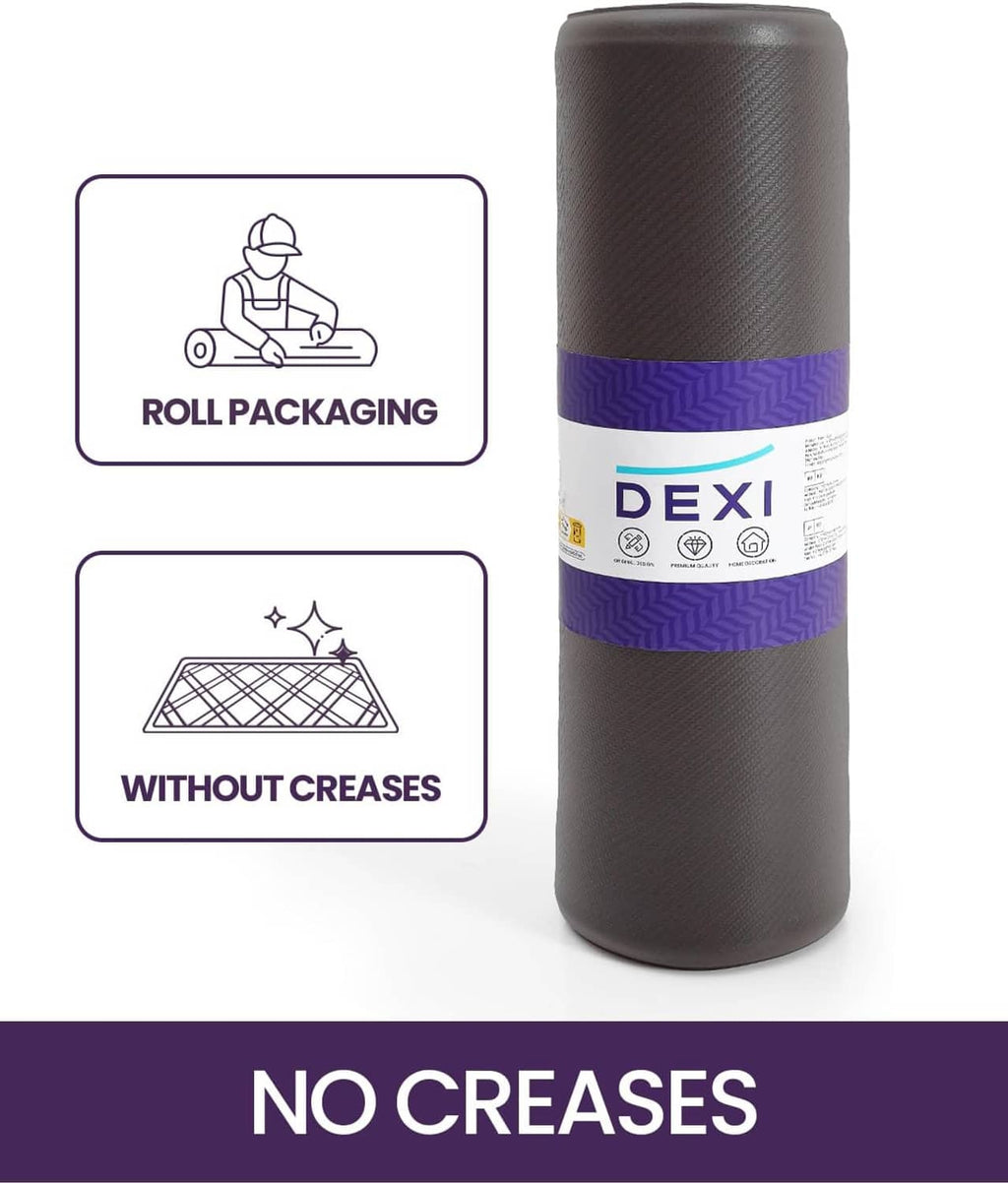 Rolled dark gray kitchen mat packaging, purple band and DEXI branding