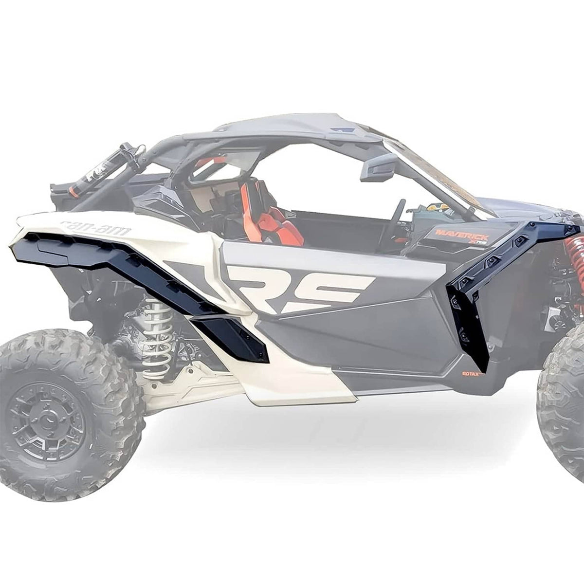 Off-road vehicle side view with black extended fender flare extensions installed.