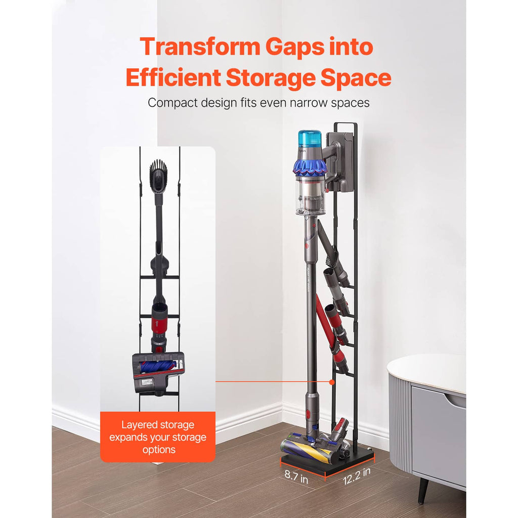 Vacuum stand for cordless vacuum with upright rack and layered accessory storage