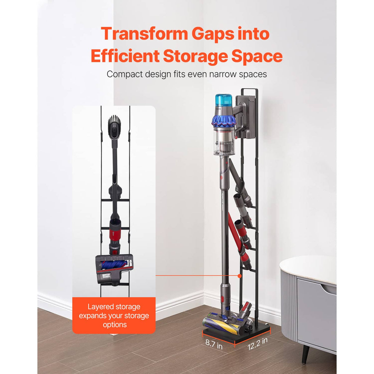 Vacuum stand for cordless vacuum with upright rack and layered accessory storage