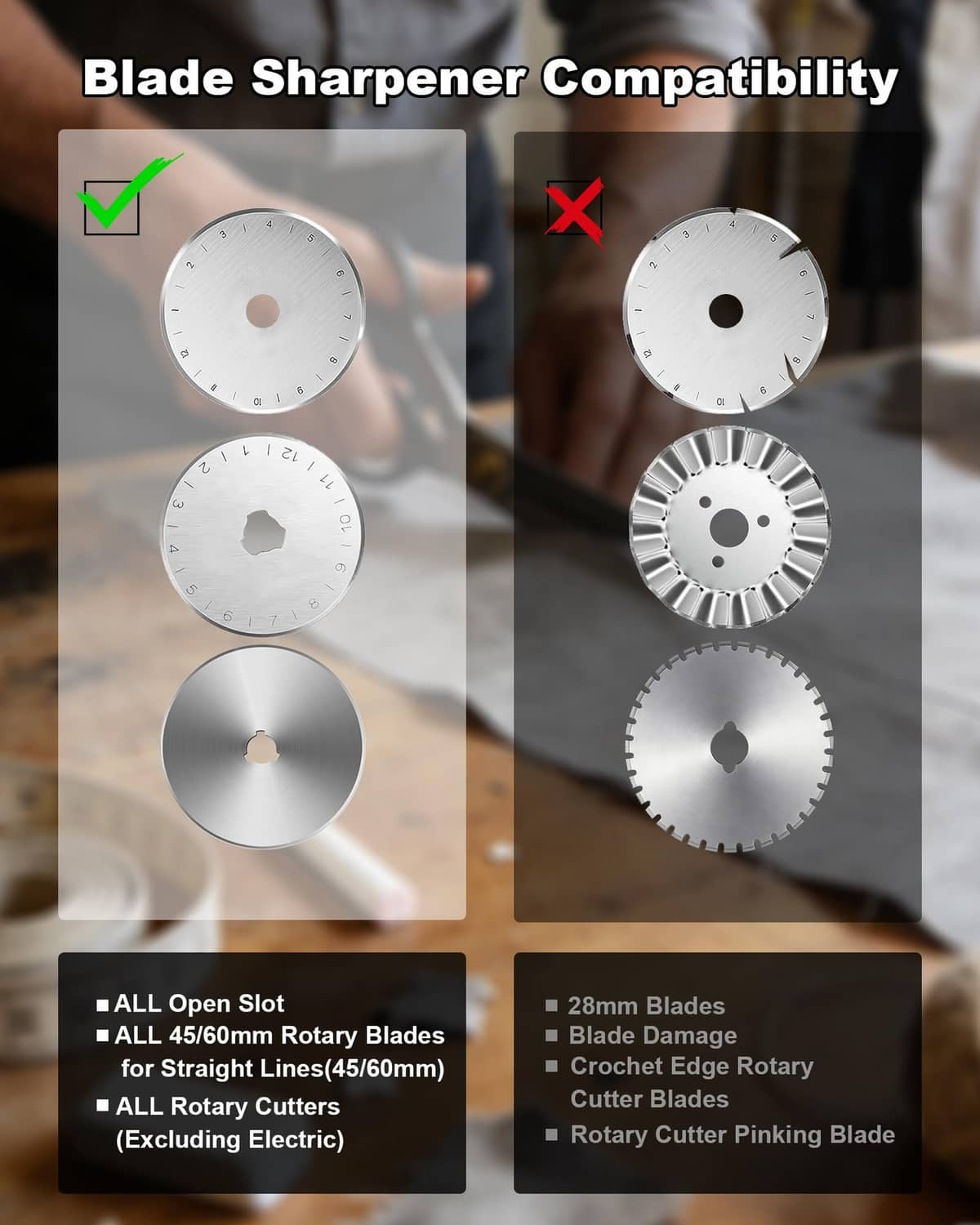 Set of circular sharpening wheels for rotary blade sharpeners, shown in different sizes.