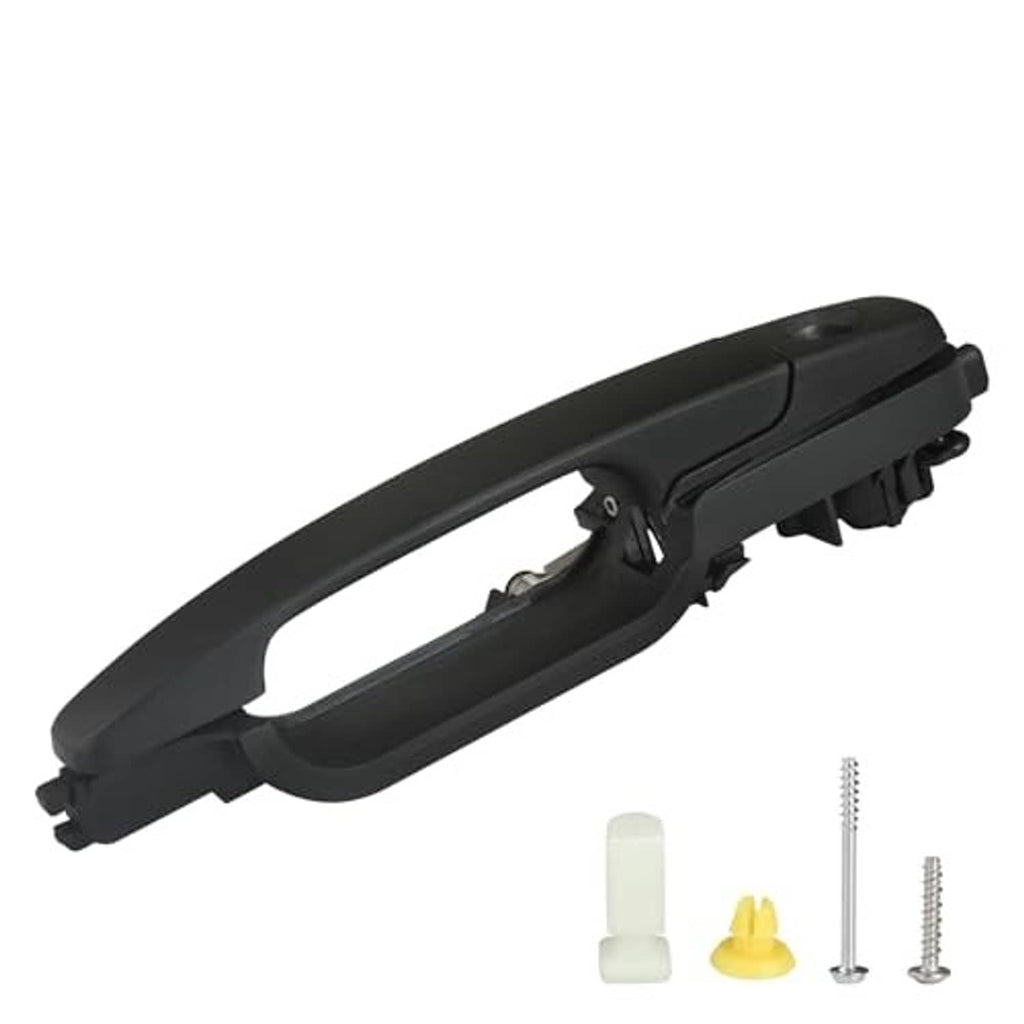 Black exterior door handle with screws and small white/yellow plastic caps