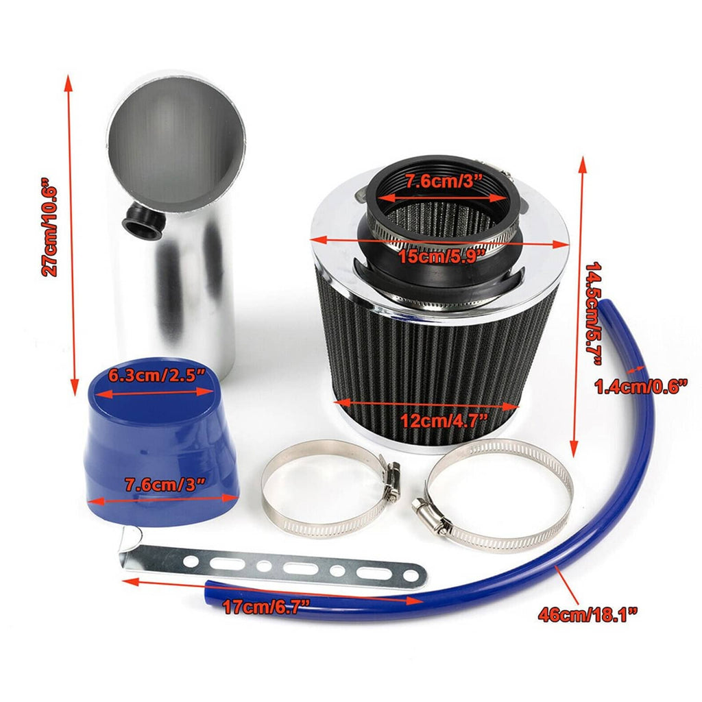 Cold air intake filter kit with measurements: black cone filter, chrome tube, blue hose