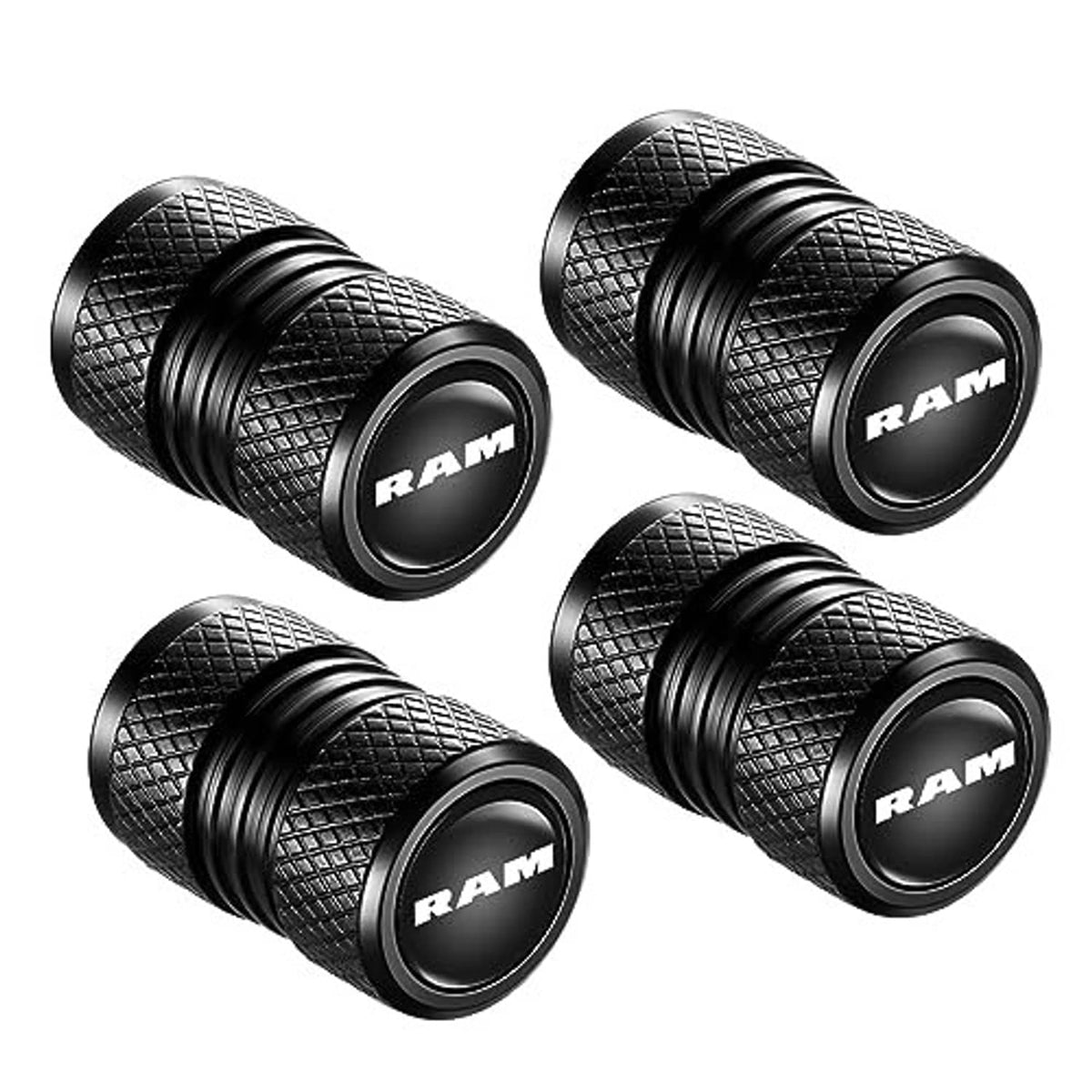 Four black knurled RAM valve stem caps with ribbed bands and RAM logo on top