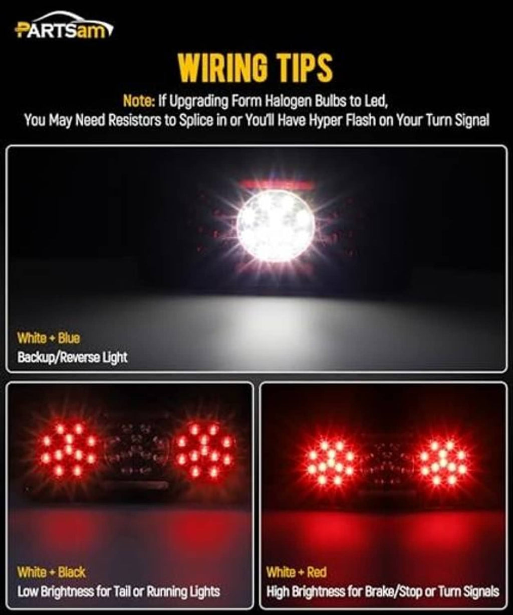 LED trailer tail light wiring and light pattern diagram for backup and turn signals