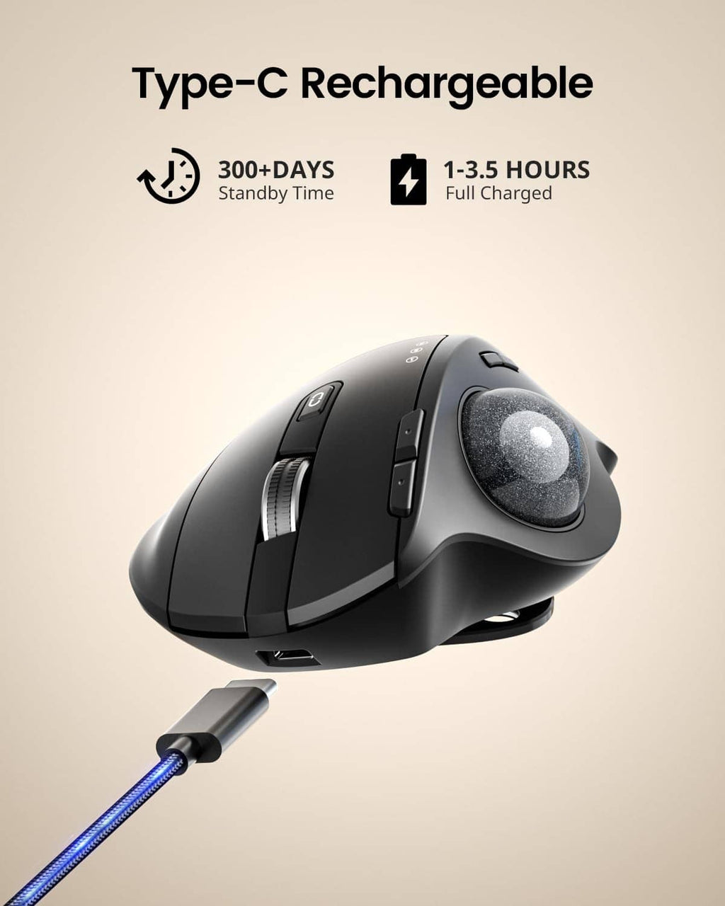 Rechargeable ergonomic trackball mouse with Type-C port and trackball window