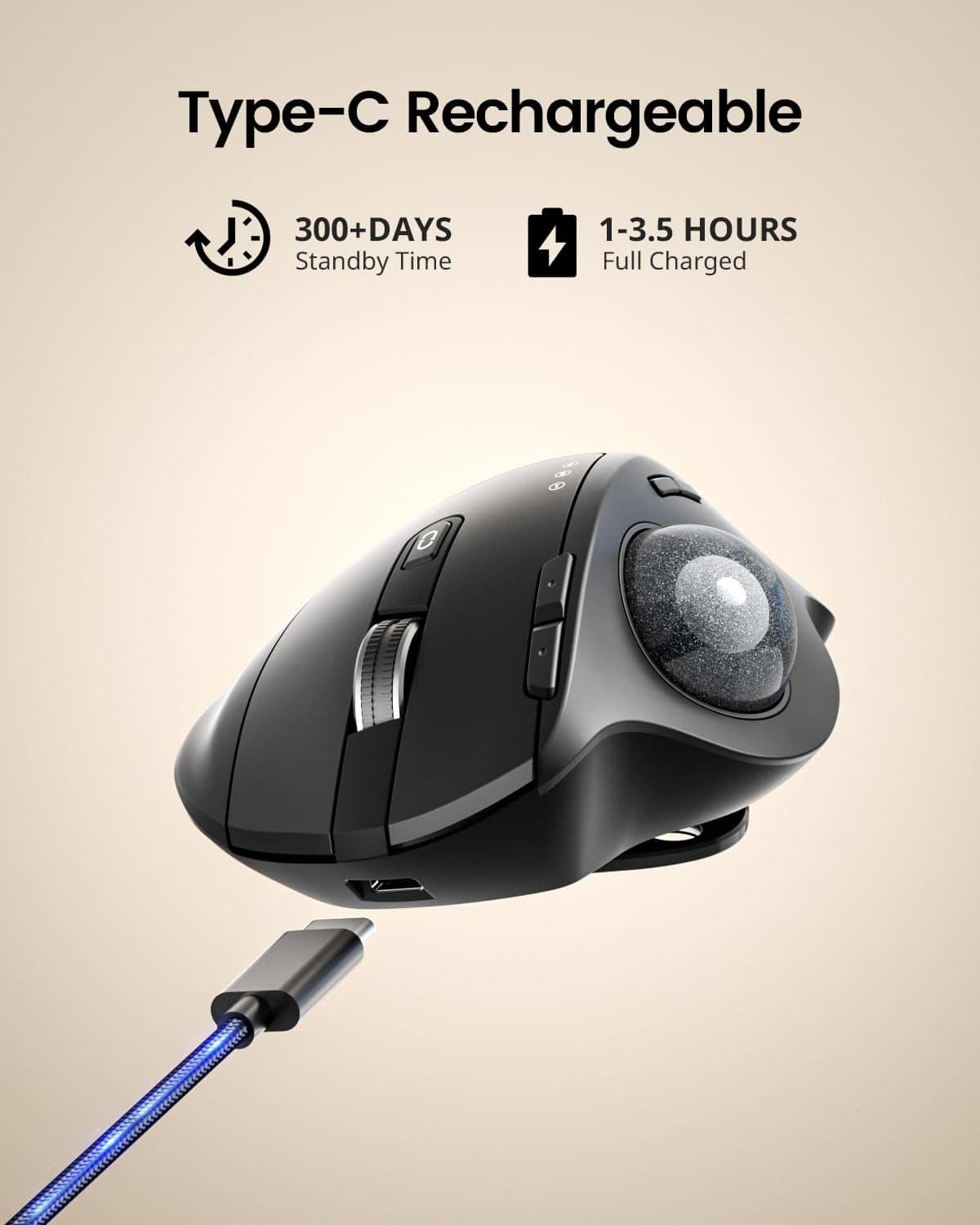 Rechargeable ergonomic trackball mouse with Type-C port and trackball window