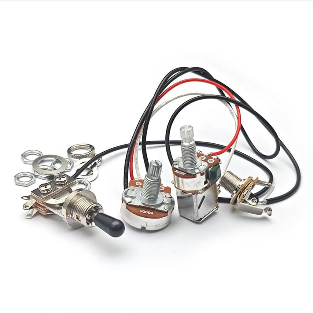 Guitar wiring harness PCB with potentiometers, push-pull switch, and three black wires