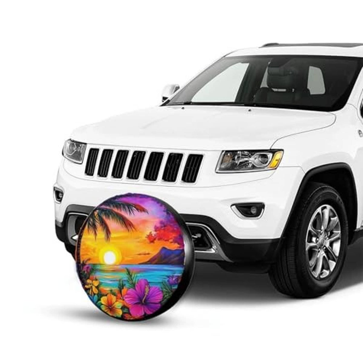 Black spare tire wheel cover with tropical sunset graphic and purple flower accents