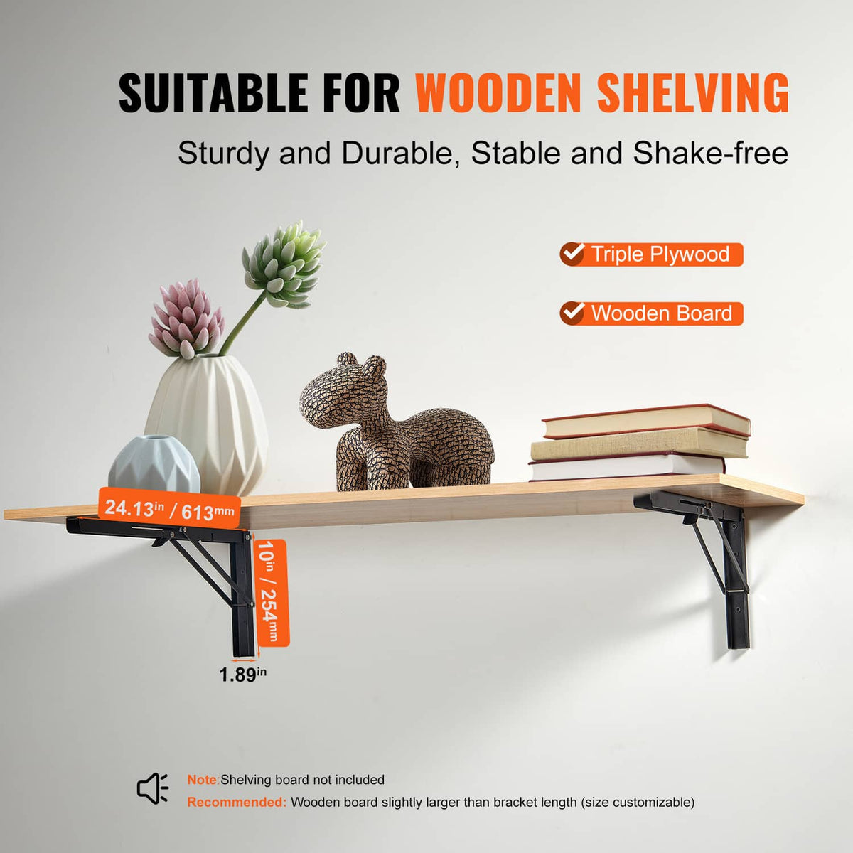 Folding shelf bracket with wall-mount size diagram for wooden shelving