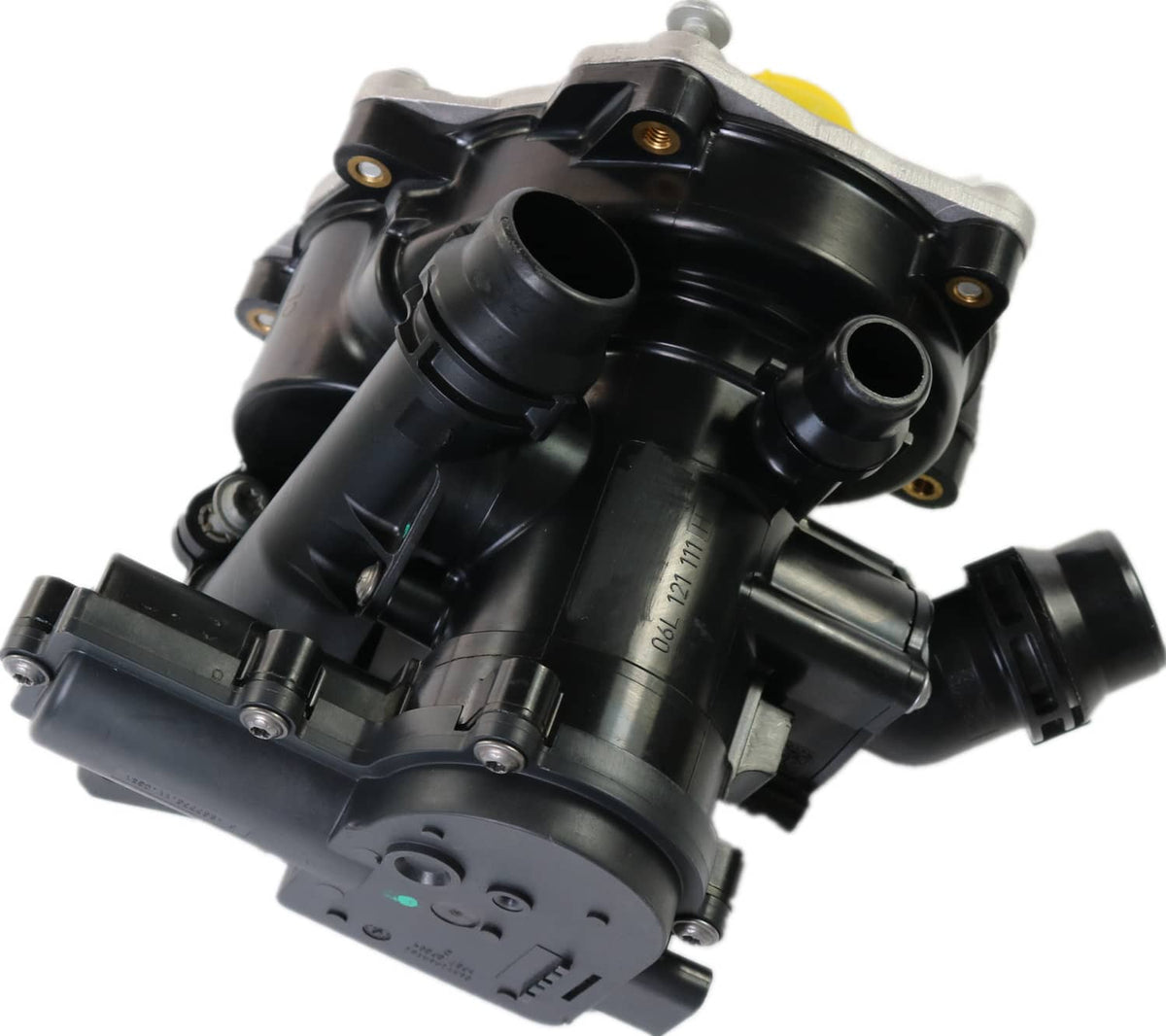 Water pump thermostat housing assembly close-up of black valves and yellow cap