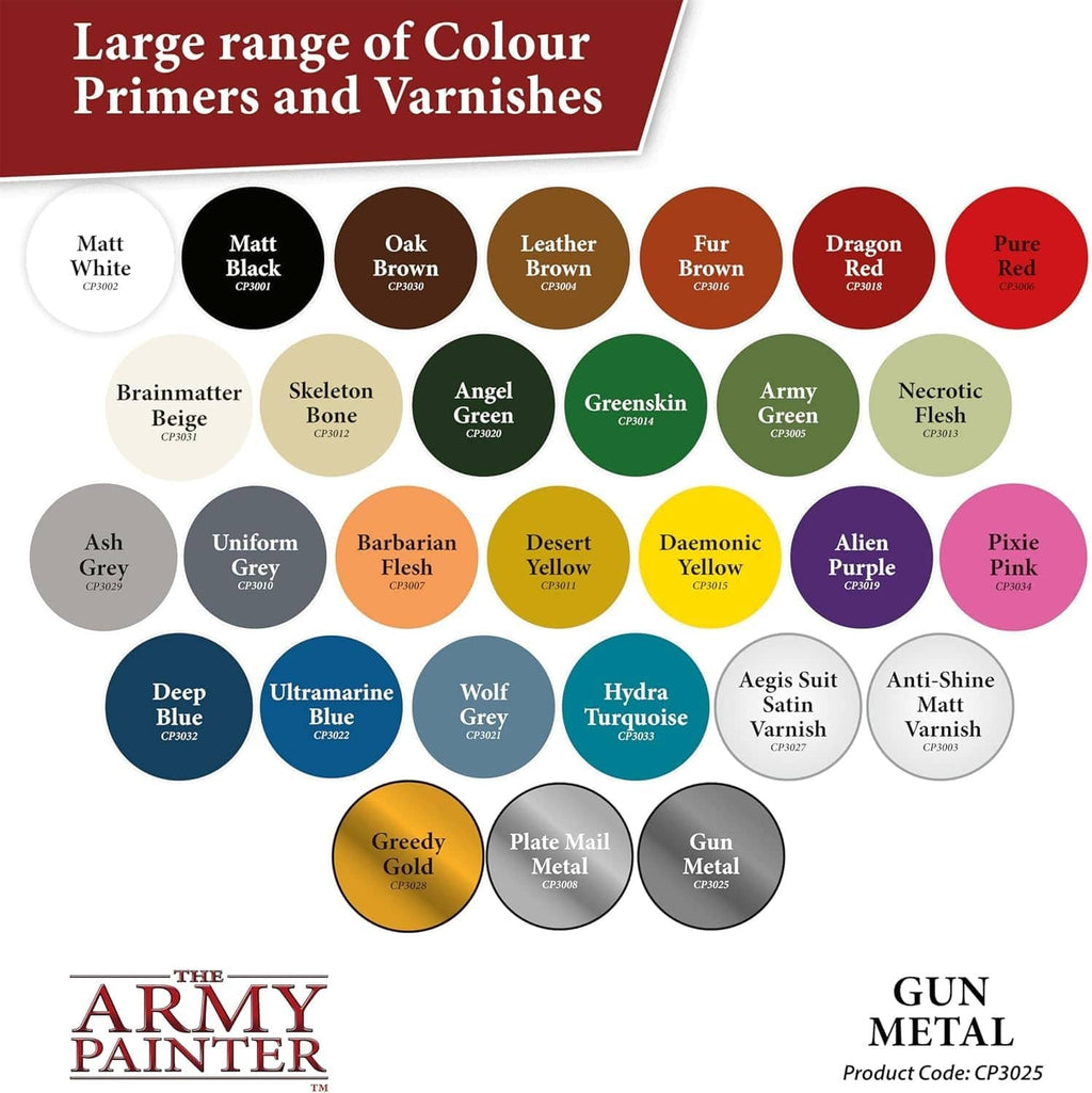 Gun metal primer color range chart with circular swatches, plus product code label