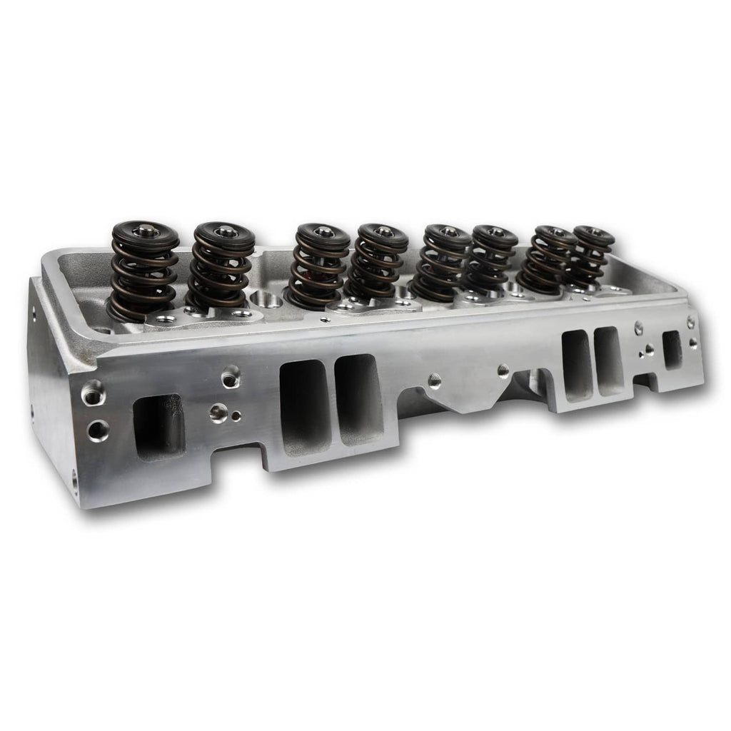 Aluminum cylinder head with valve springs and large intake/exhaust cutouts, silver