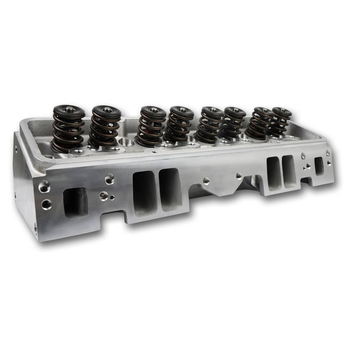 Aluminum cylinder head with valve springs and large intake/exhaust cutouts, silver