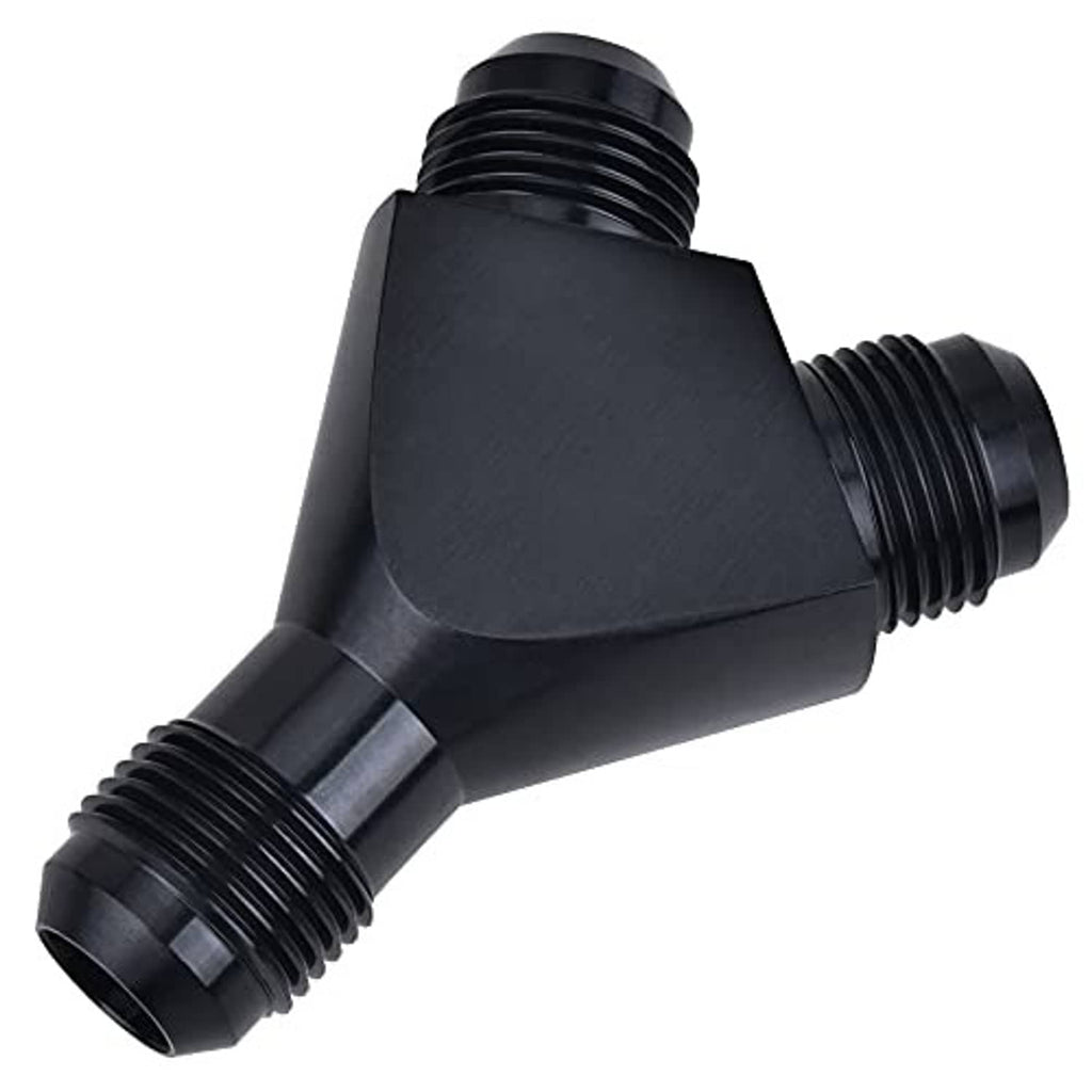 Black Y-shaped AN flare adapter with male threaded fittings on both sides