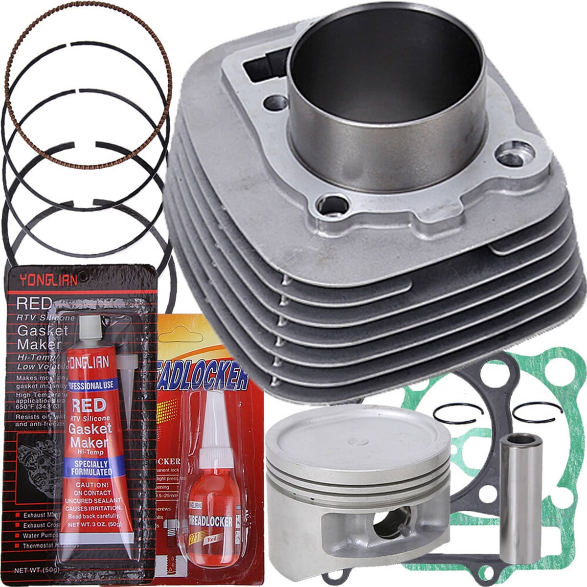 Close view top end kit: aluminum cylinder, piston, rings, and green gasket pieces