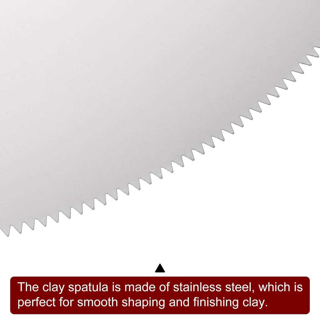 Close-up of stainless steel clay scraper blade with toothed serrated edge, silver
