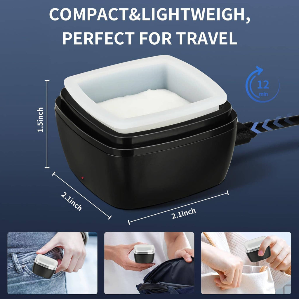 Compact nose wax warmer with black base and white silicone cup for travel, with size markers