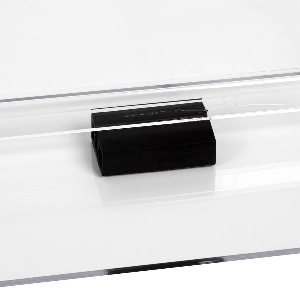 Clear polycarbonate golf cart windshield with black folding latch bracket on edge