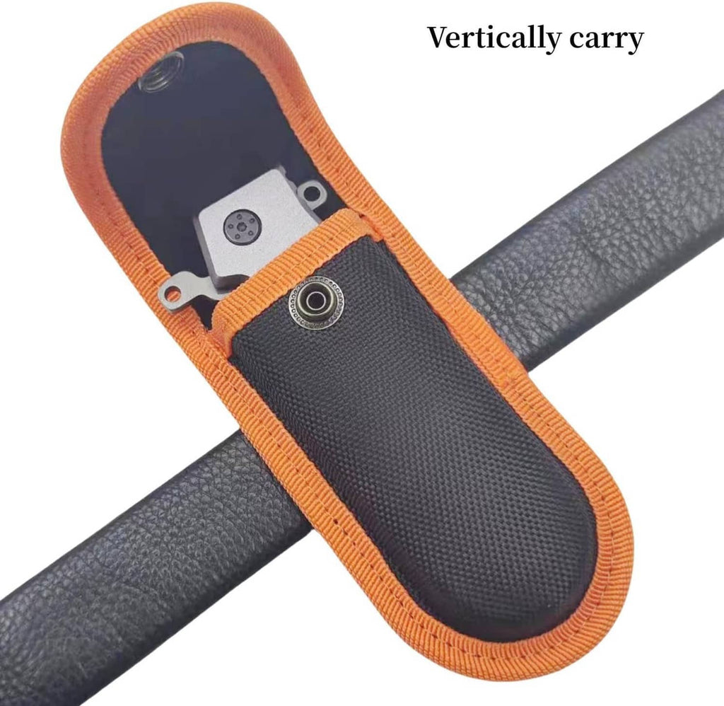 Nylon knife sheath with orange trim, multitool inside for vertical carry