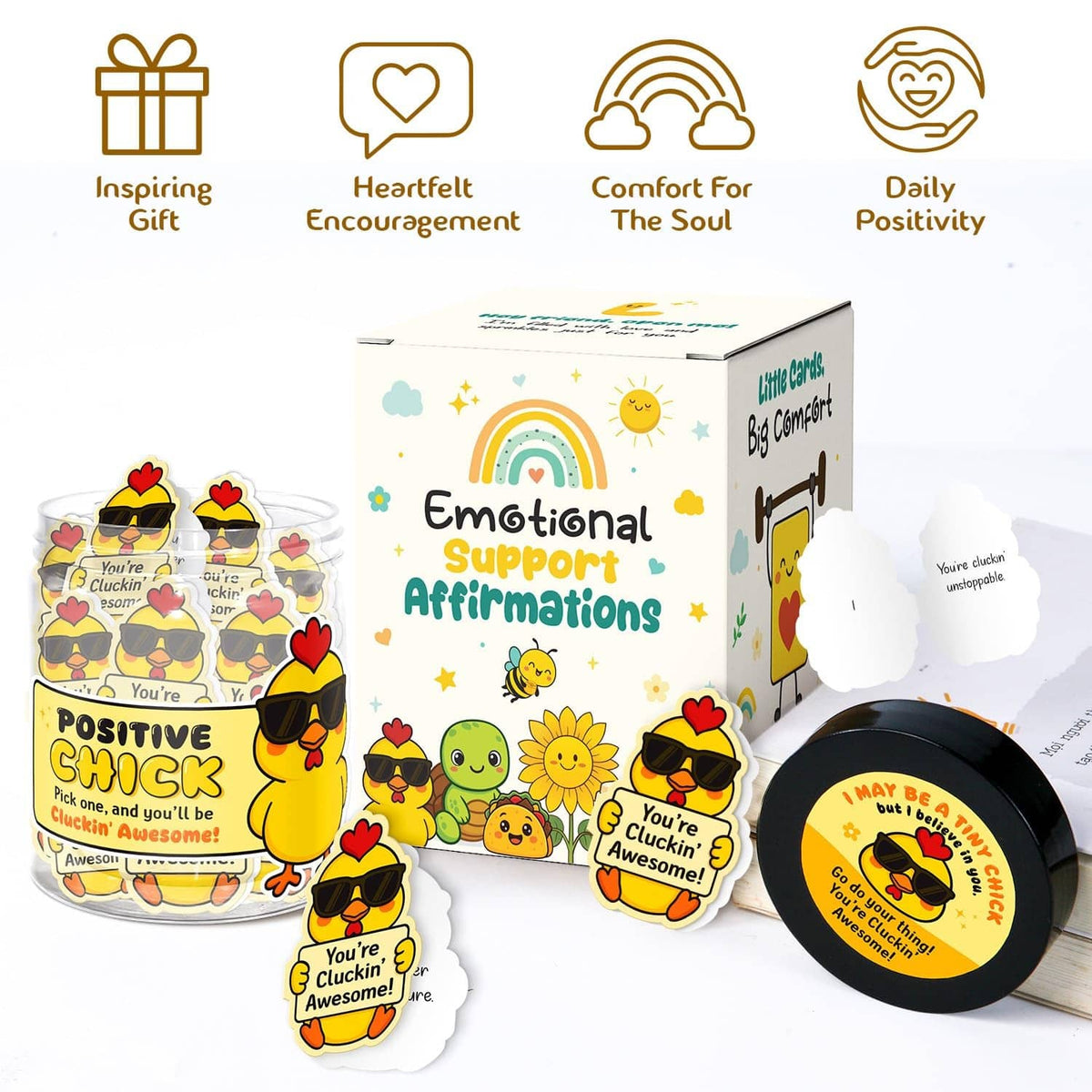 Emotional support chicken affirmation note jar with gift box and heart note stickers