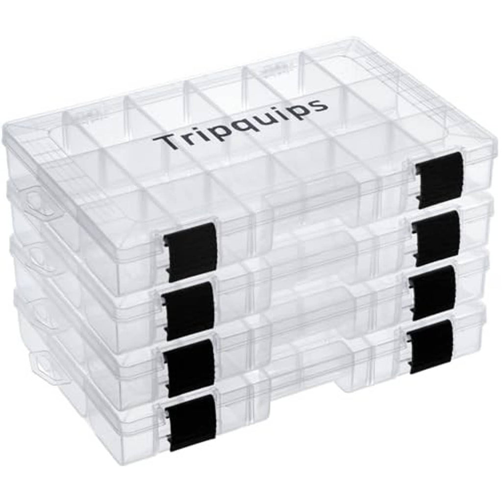 Clear plastic tackle tray storage box with divided compartments and black latches