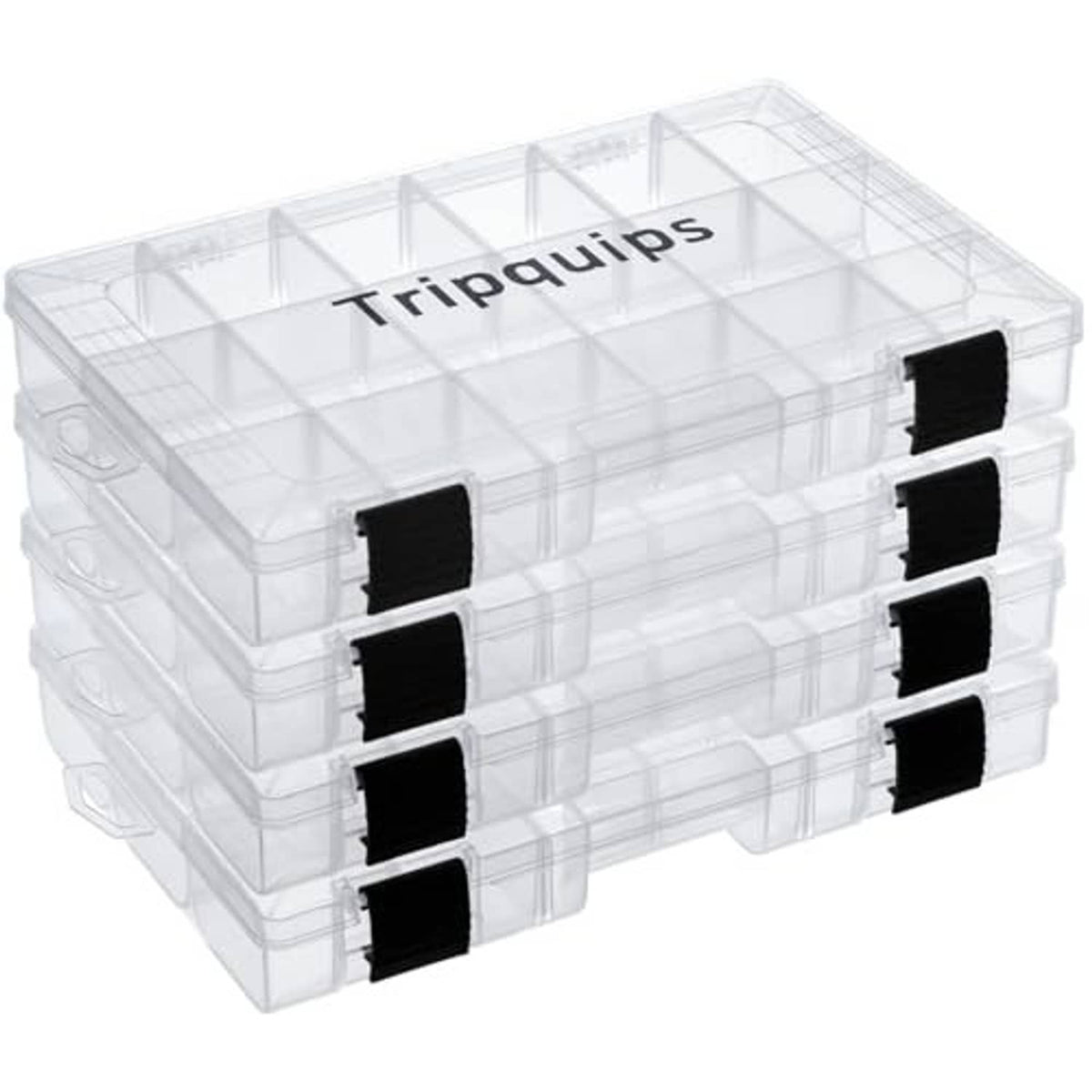 Clear plastic tackle tray storage box with divided compartments and black latches