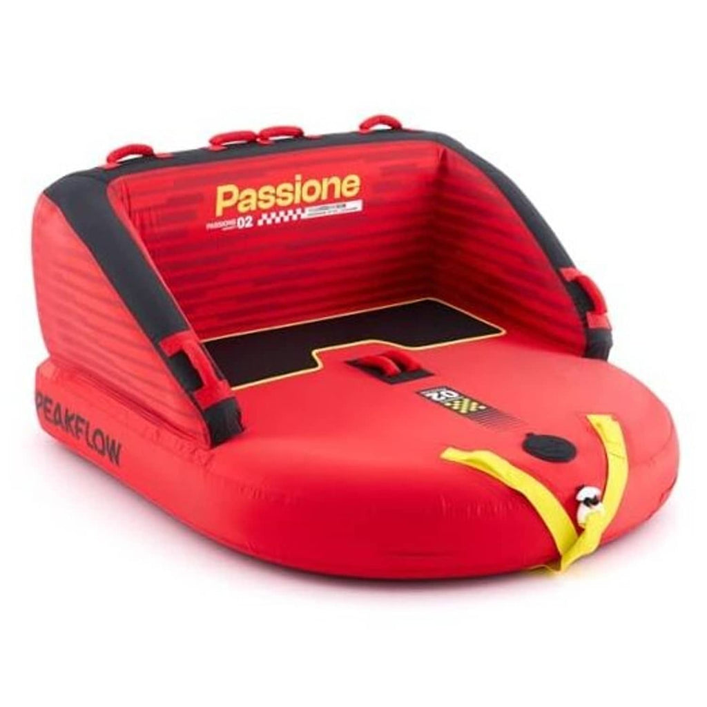 Red towable boat tube with black handles and Passione branding, 2-person