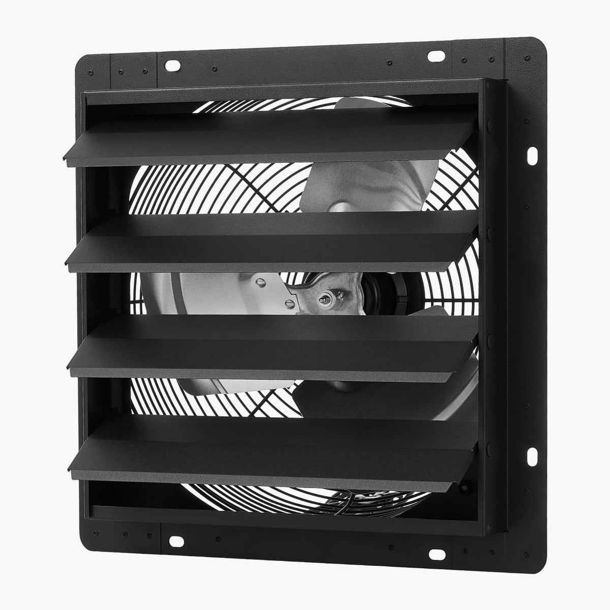 Wall-mounted shutter exhaust fan, black louvered frame with visible rotating fan blades