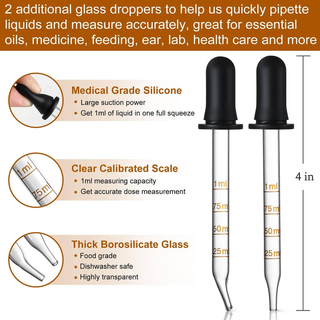 Two amber glass dropper pipettes with black caps and clear calibrated scale