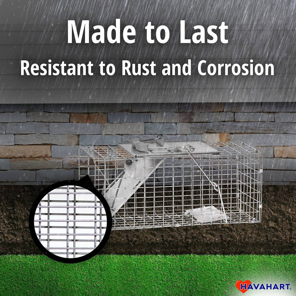 Havahart live trap rust-resistant build with wire cage and cross-section