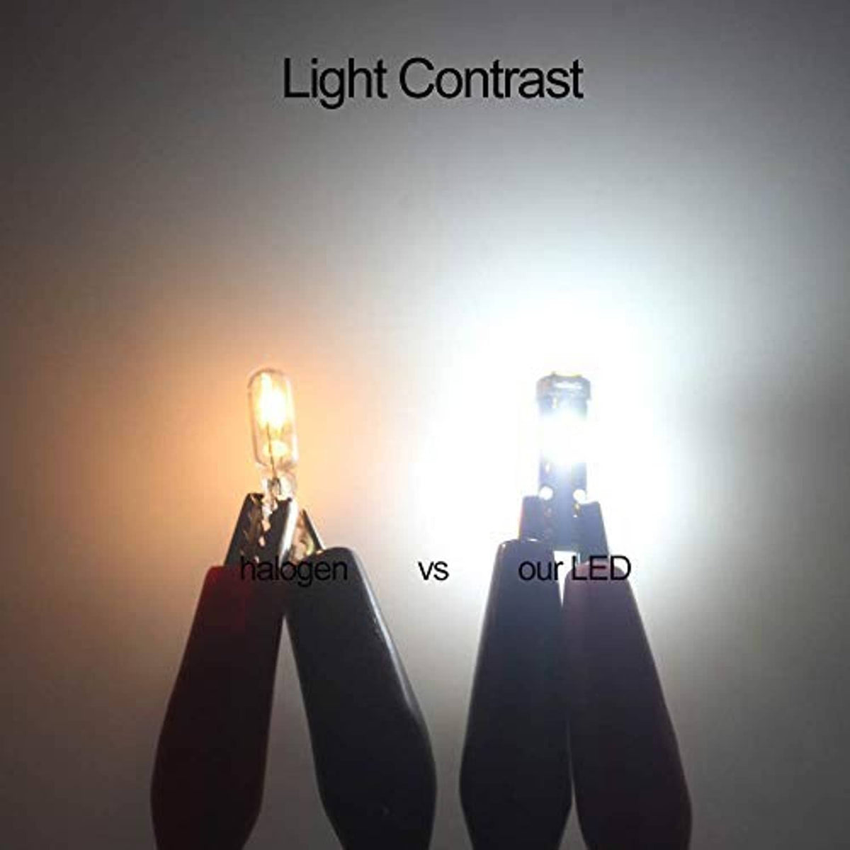 T5 LED dashboard bulb with clear lens and bright white glow, blue base