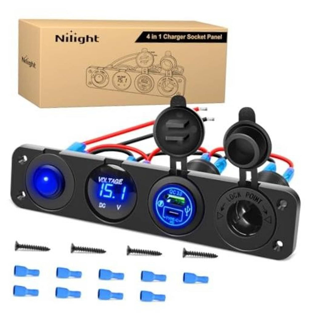 4-in-1 car charger socket panel kit with blue QC screen, voltage meter, and wiring leads