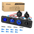 4-in-1 car charger socket panel kit with blue QC screen, voltage meter, and wiring leads