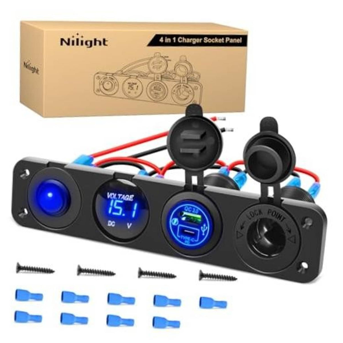 4-in-1 car charger socket panel kit with blue QC screen, voltage meter, and wiring leads