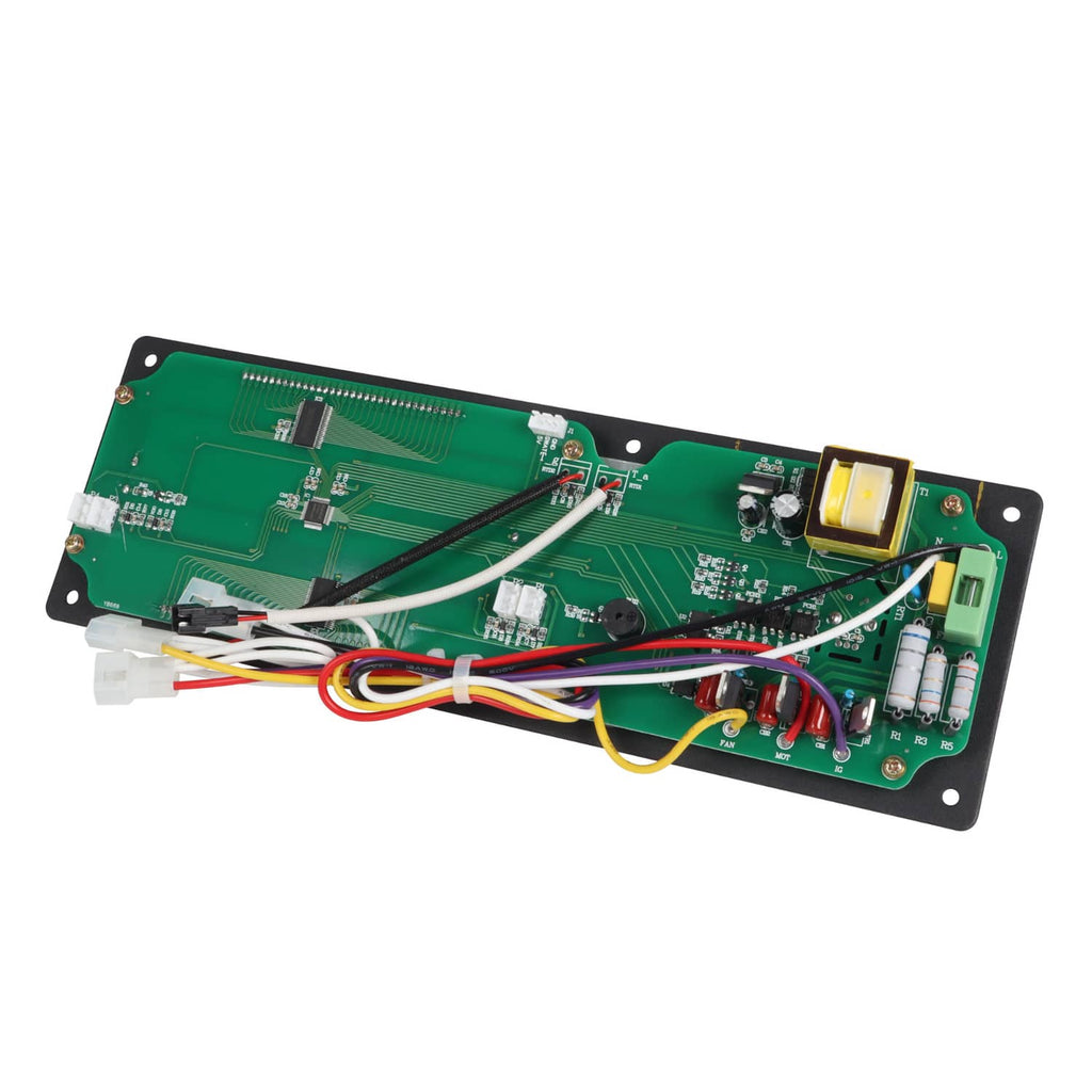 Pellet grill control board rear PCB with green circuit, capacitors, and multiwire connectors