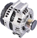 Automotive alternator with silver housing and black fan pulley