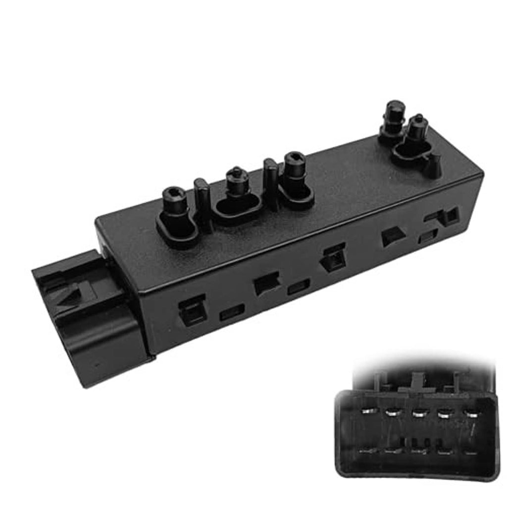 Power seat control switch module with black housing and 10-pin connector plug
