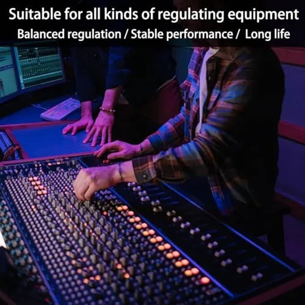 Audio mixing console with knobs and faders being adjusted by a hand