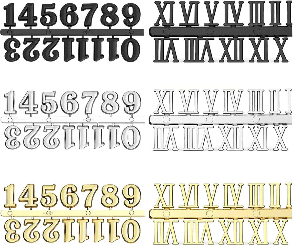 Clock numeral kit with Arabic digits and Roman numerals in black, white, and gold