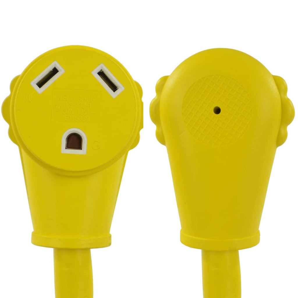 Yellow 30 Amp locking connector ends with blade slots and grounding hole