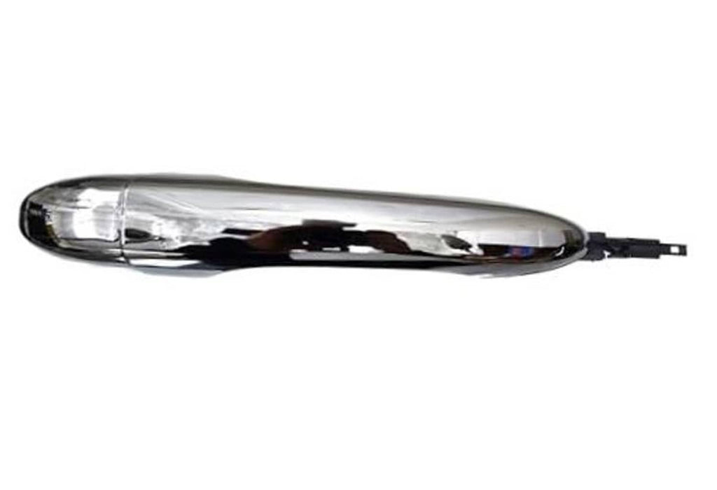 Automotive exterior door handle with chrome finish and clear lens, front-facing view