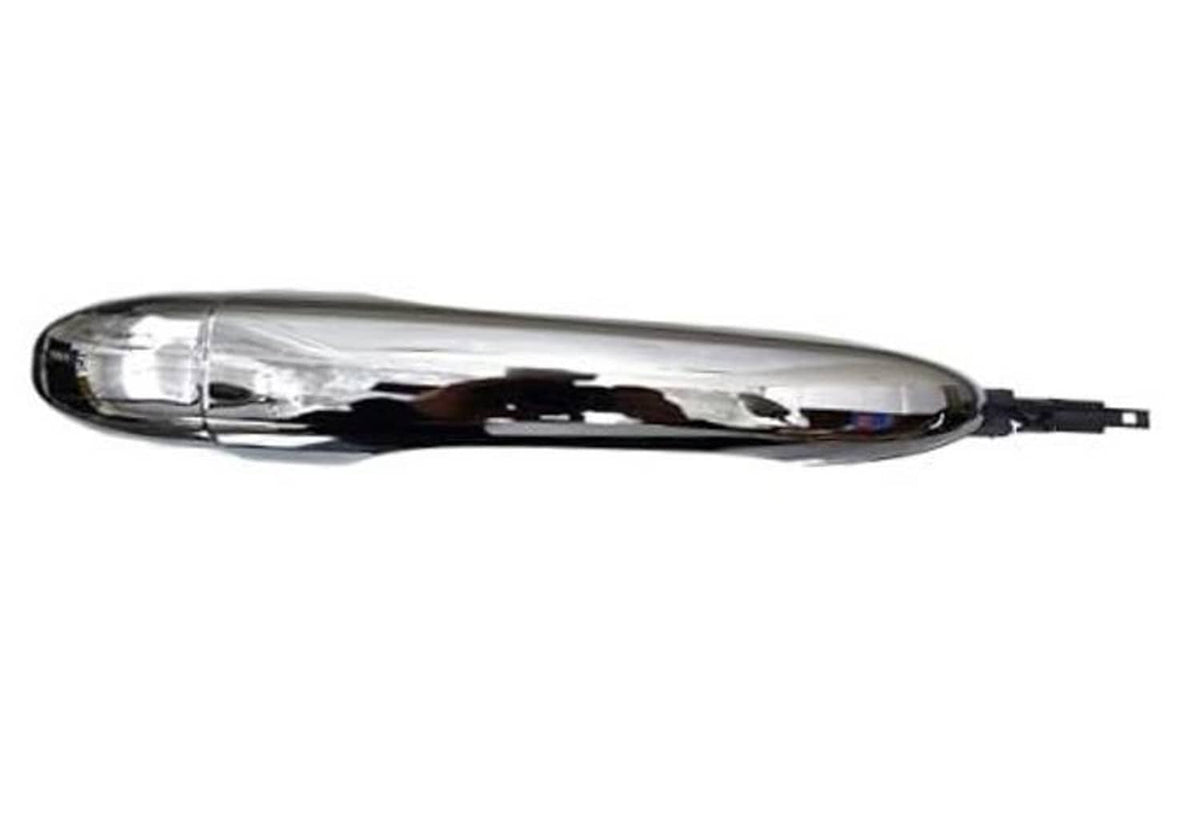 Automotive exterior door handle with chrome finish and clear lens, front-facing view