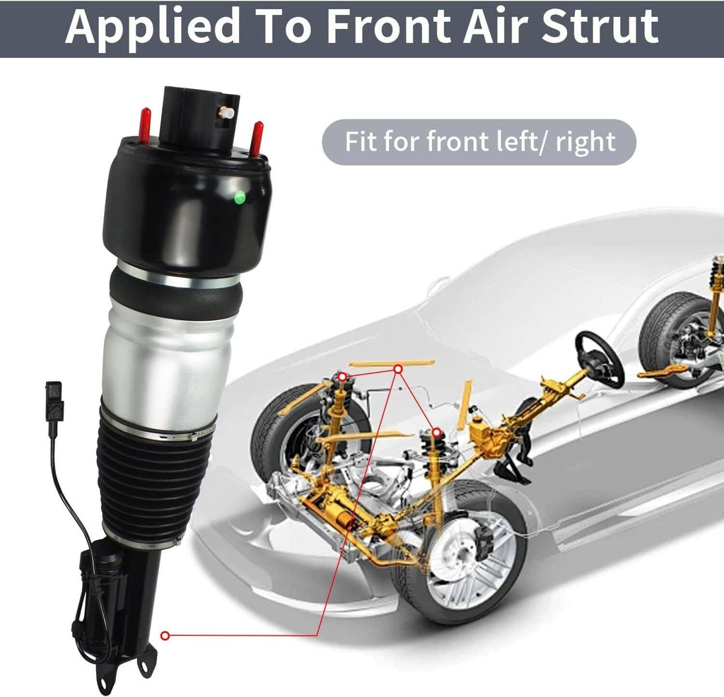Front air suspension strut with black top mount and ribbed air spring beside vehicle