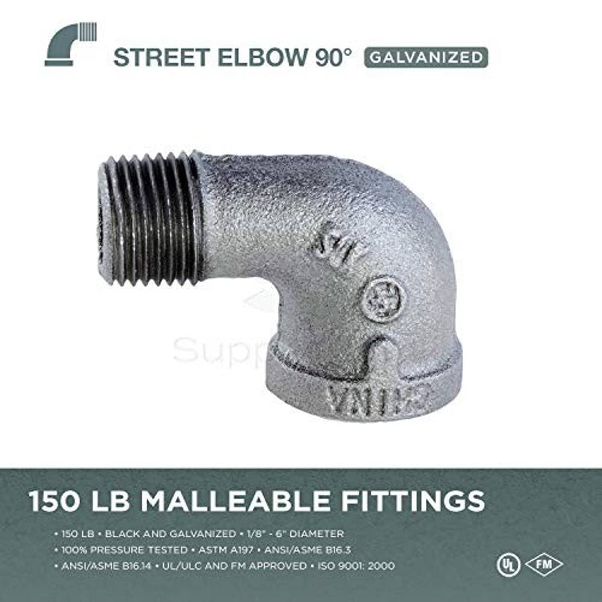 Galvanized 90-degree street elbow fitting with male threads and curved outlet, 1 in.
