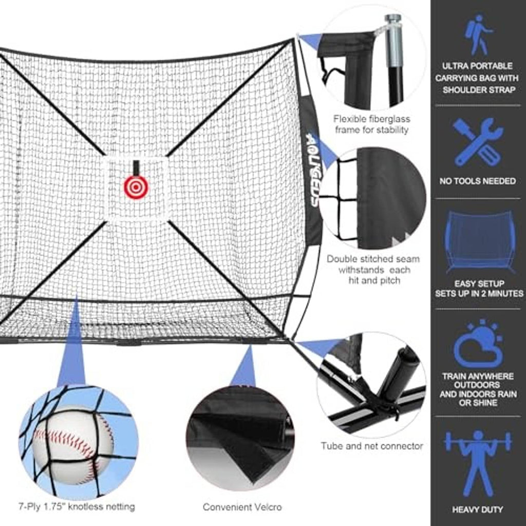Baseball pitching net with red target square, portable tripod frame and connectors