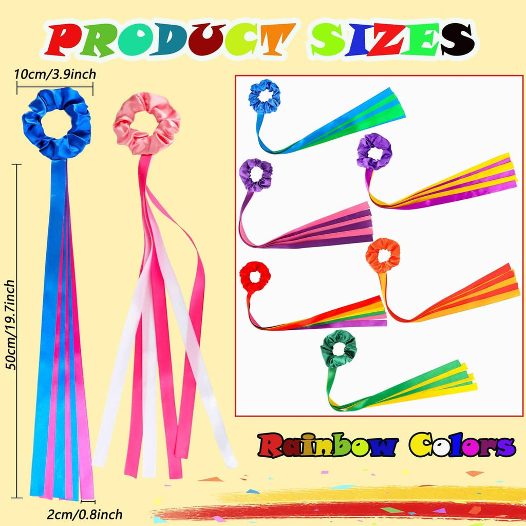 Multicolor ribbon streamer set with rosette ties, with size and color layout