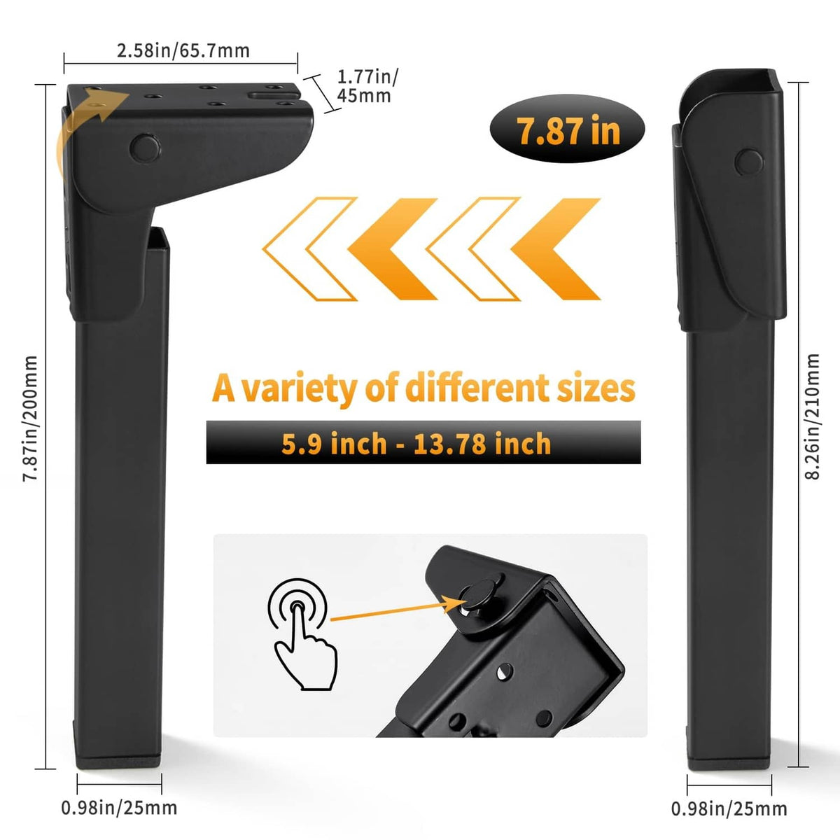 Pair of black folding table legs with top mounting plates and locking joints