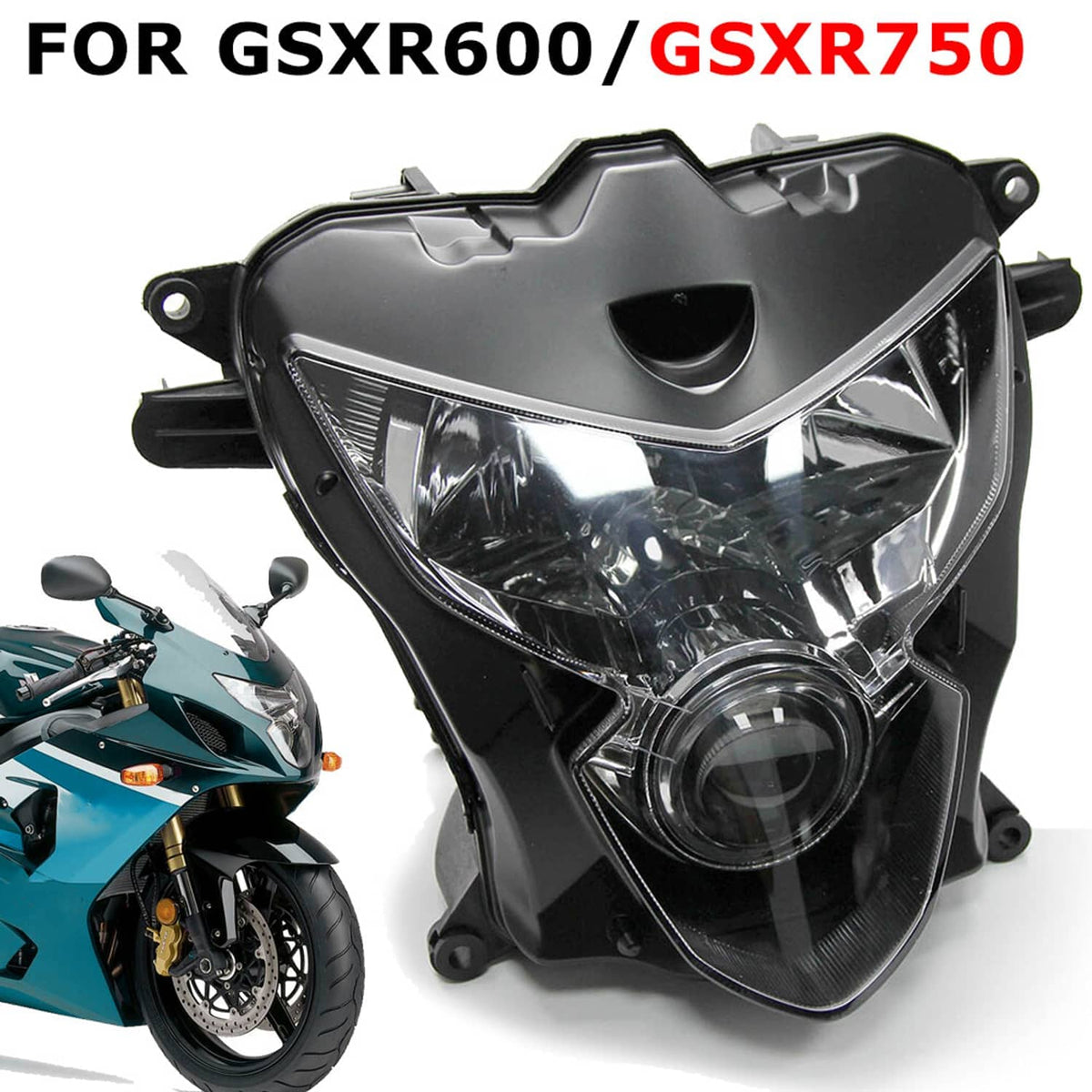 Motorcycle headlight assembly, black housing with clear lens and projector